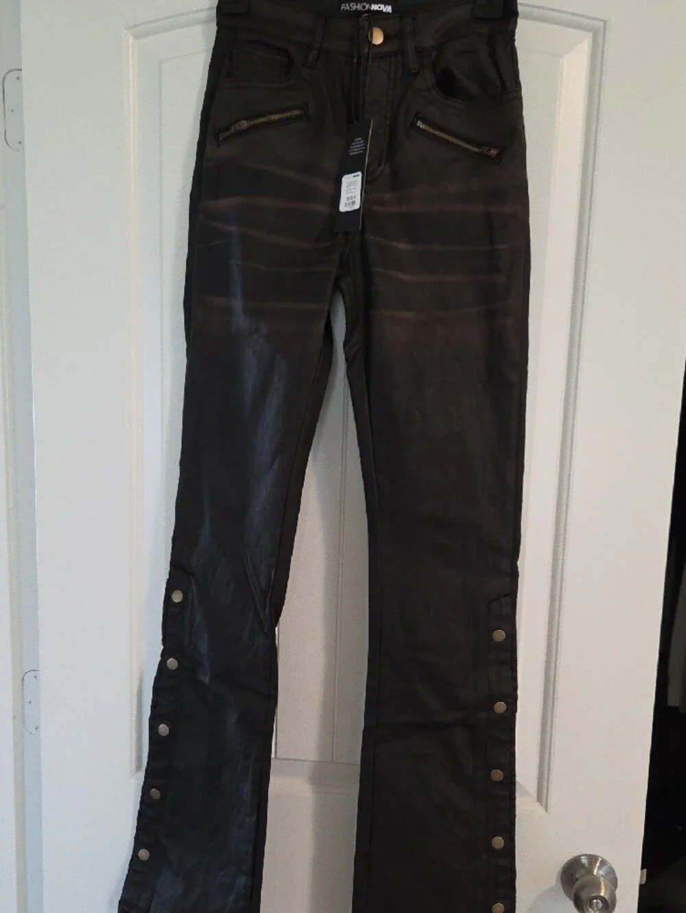 Fashion Nova Dark Brown Snap-Detail Bootcut Pants